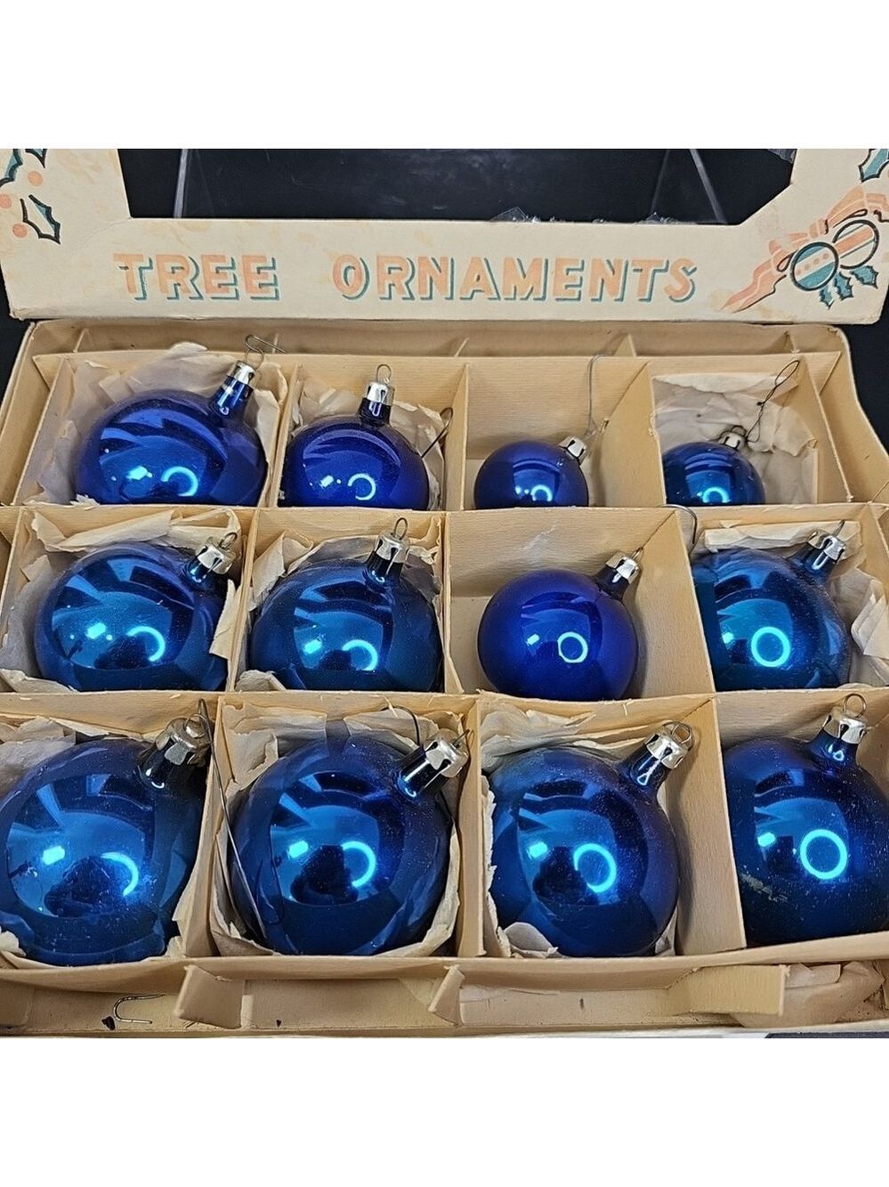 Blue Vintage Glass Christmas Ornaments 12pcs Various Sizes Poland